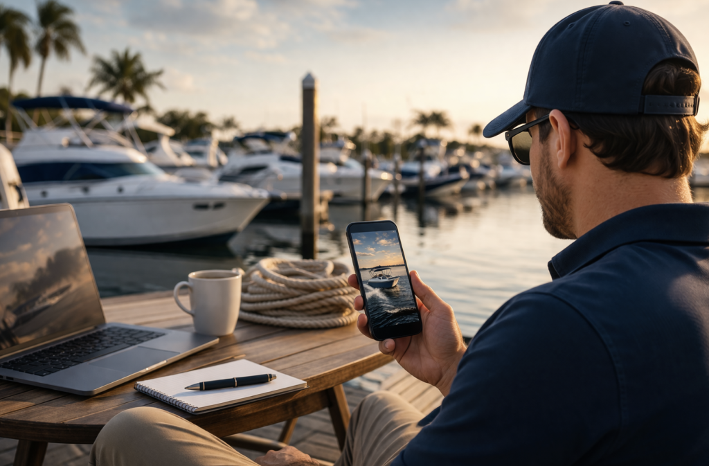 man sitting at boat docks looking at boat phone on cell phone